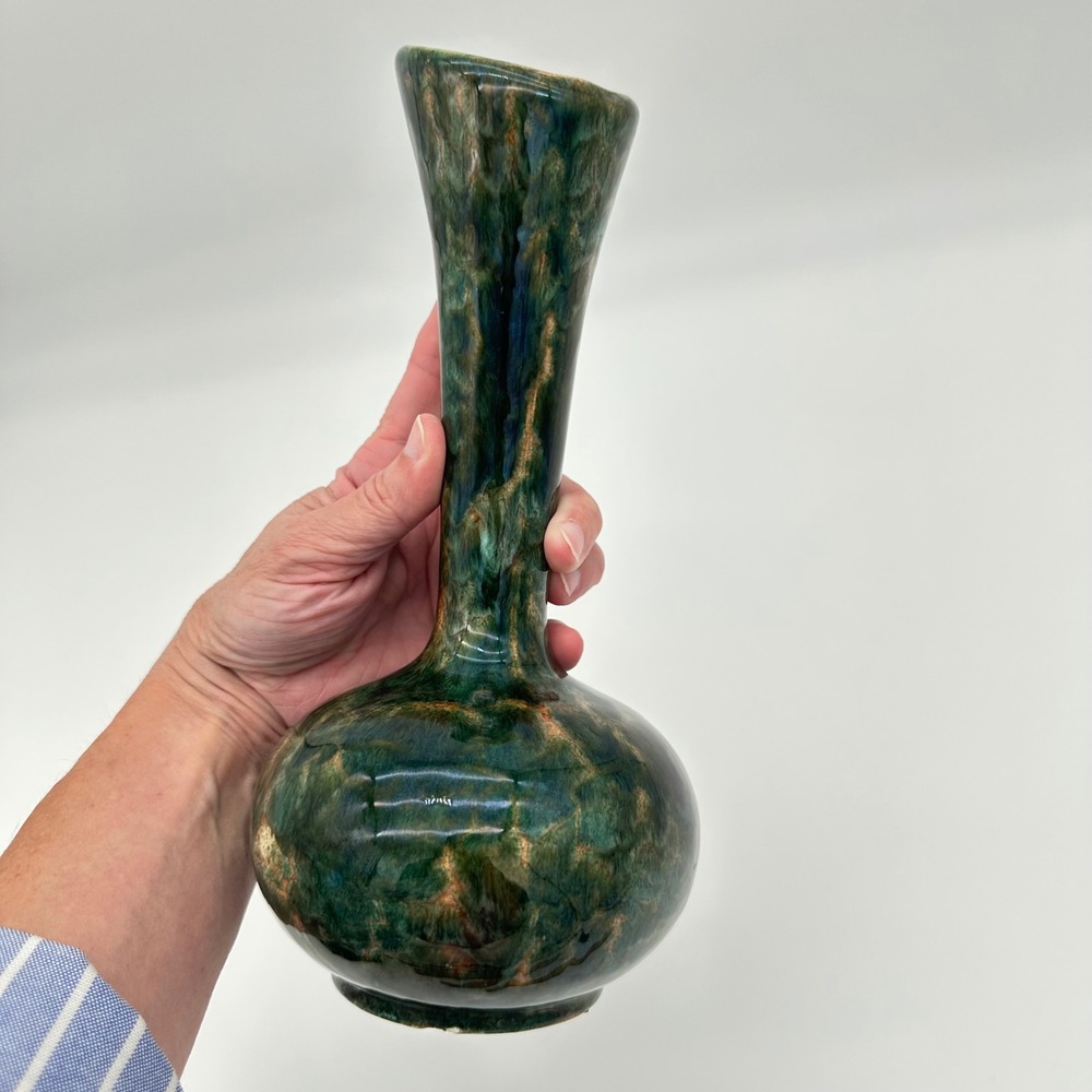 Blue Mountain Pottery Bud Vase 383 8.5" Teal Green Drip Glaze Slant Rim Vintage - Picture 5 of 16
